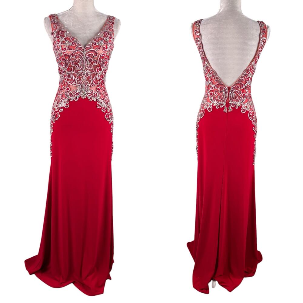 Jovani Prom Evening Gown Red 6 Beaded V-Neck  Back Zip Lined